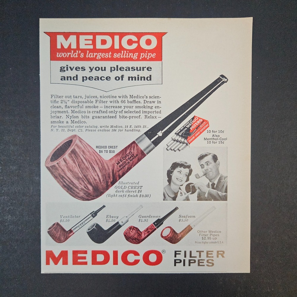 1966 Medico Filter Pipes Vintage Print Ad Gold Crest Ventilator Ebony Guardsman